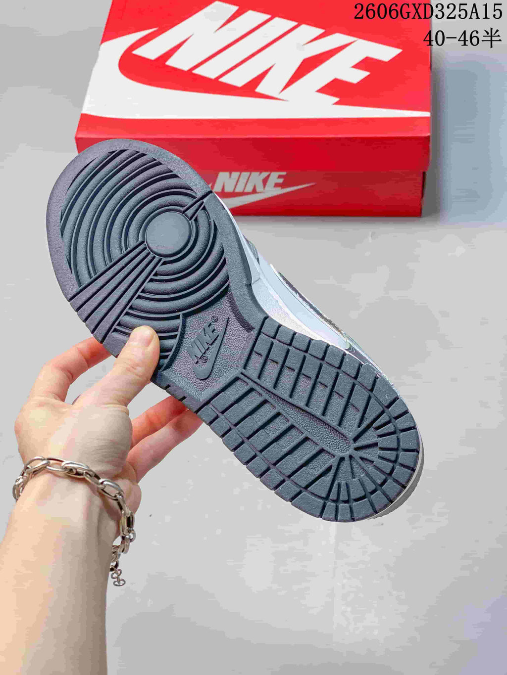Close-up of the dark gray patterned outsole