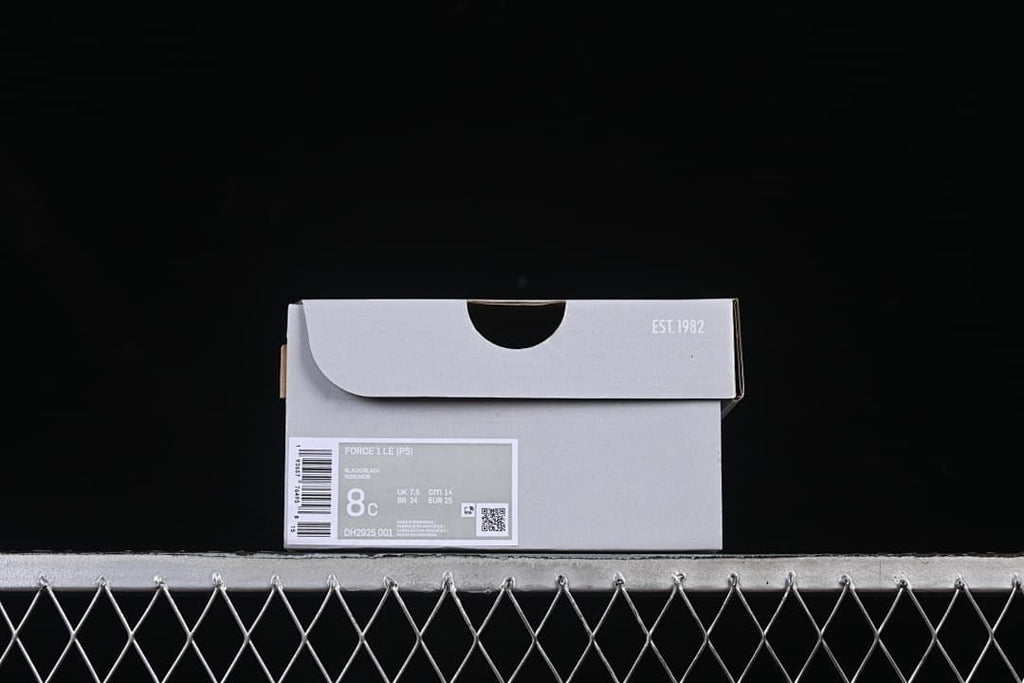 Shoebox label showing Force 1 LE, style code DH2925 001 and sample size 8C