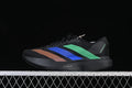 Side view of black Adidas Adizero Evo SL shoes with brown, blue, and green accents.