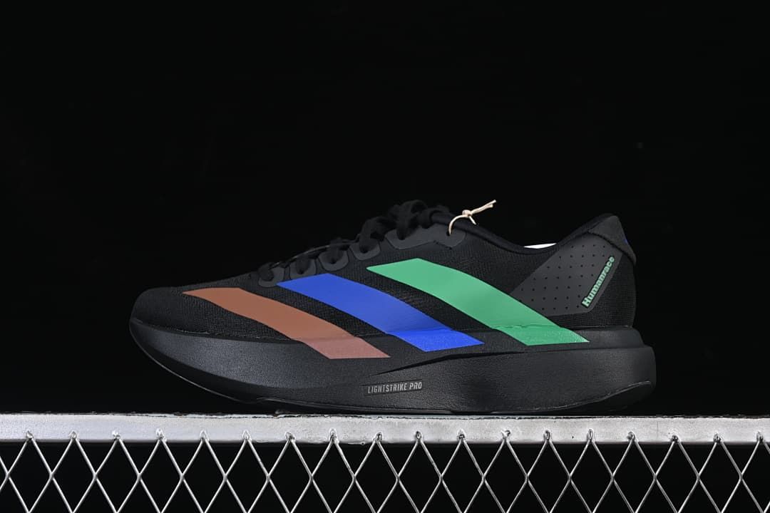 Side view of black Adidas Adizero Evo SL shoes with brown, blue, and green accents.