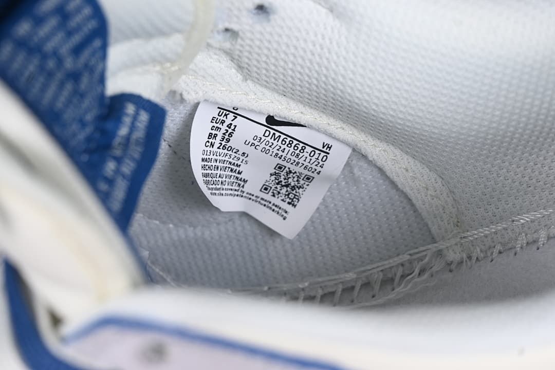 Close-up of the shoe label showing style code DM6868-010 and sample size EU 41