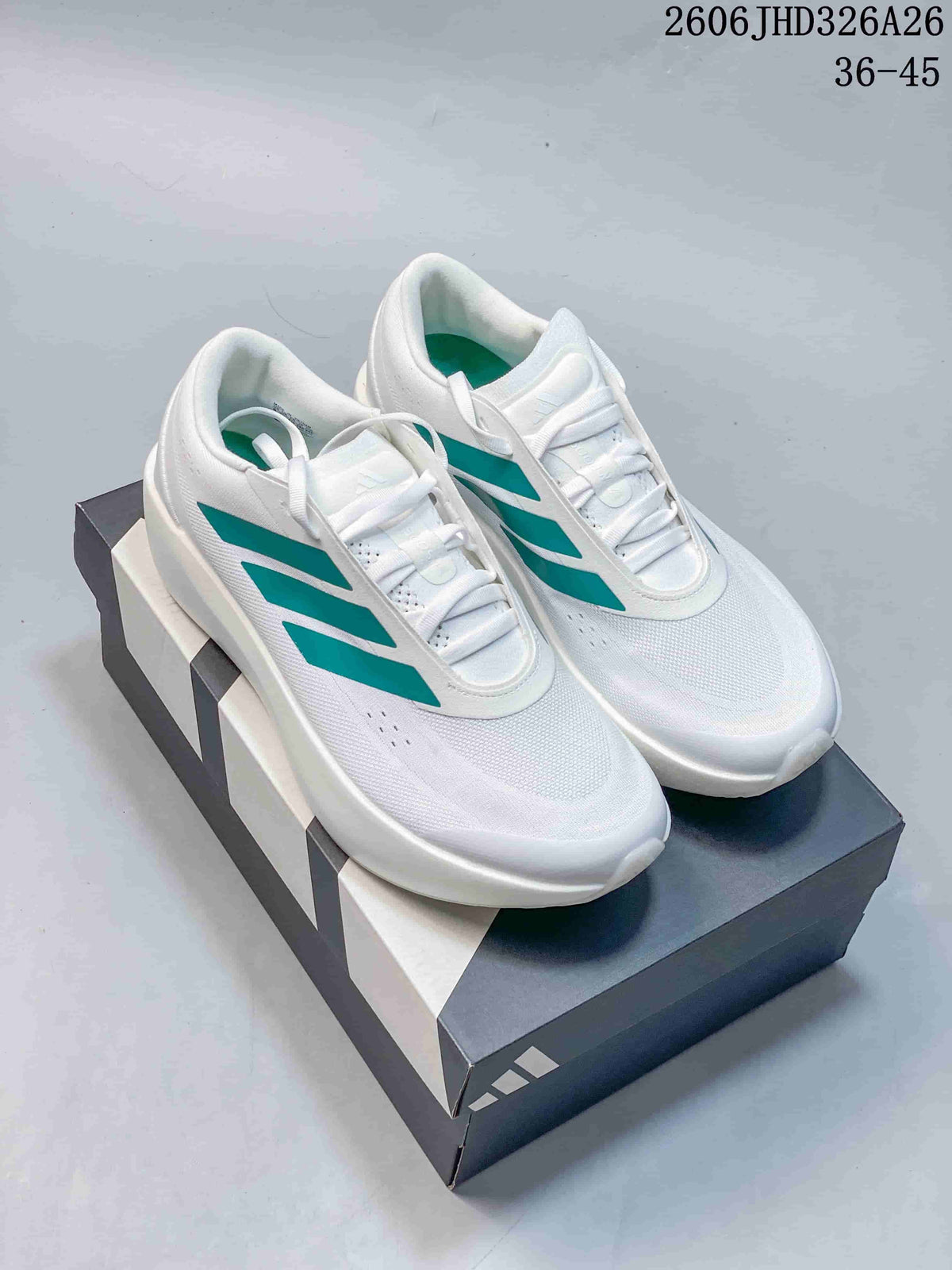 Pair of white adidas Supernova Rise 3 shoes with teal stripes