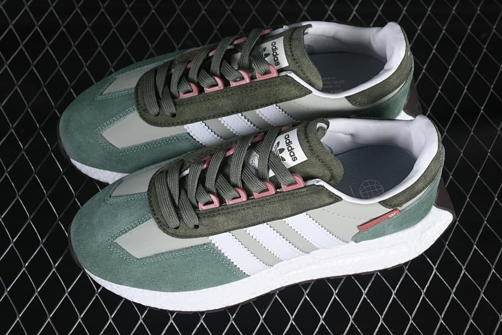 Pair of adidas Retropy E5 sneakers in green, gray, and white