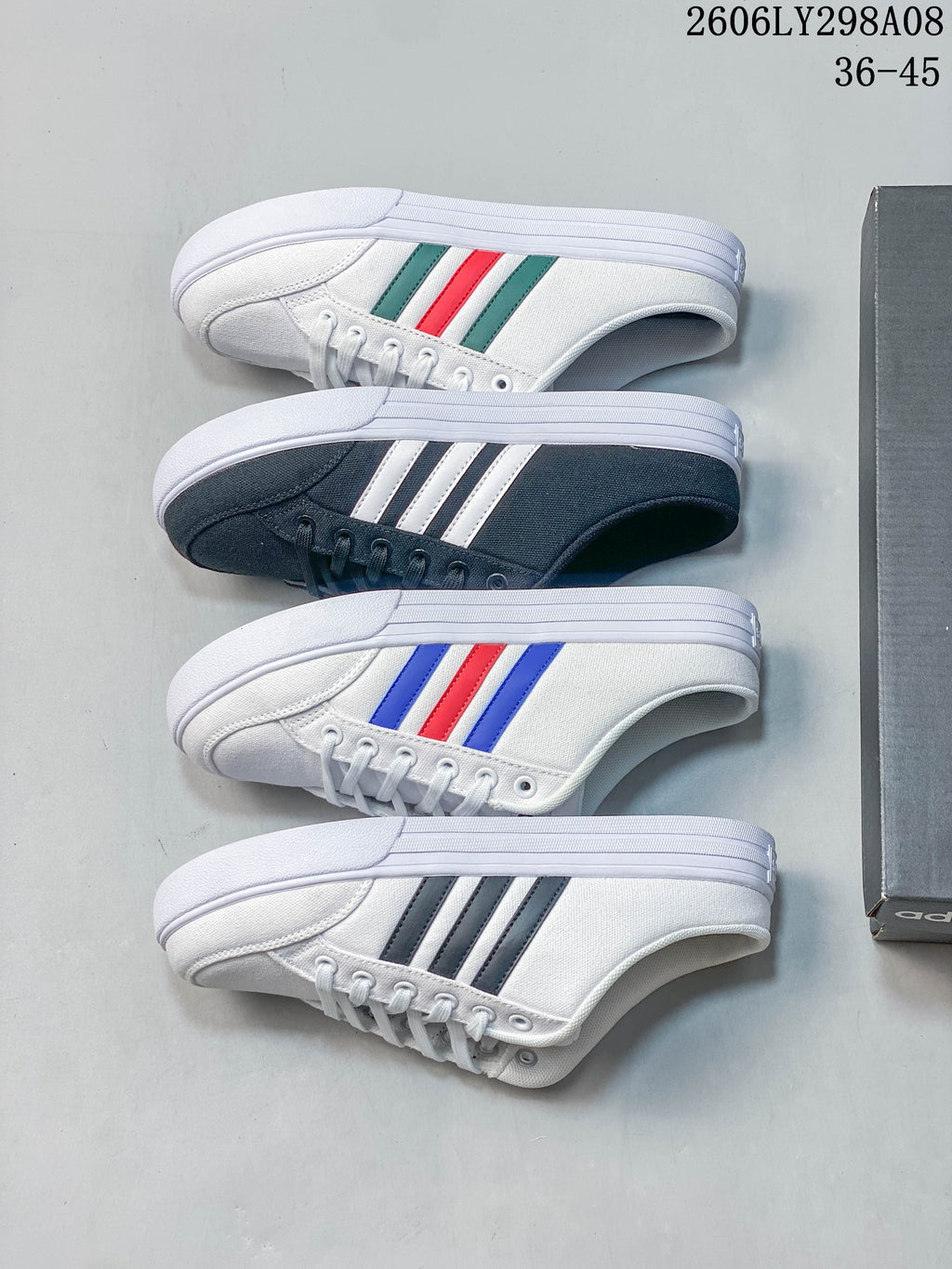 Four colorways of adidas mule sneakers arranged side by side.