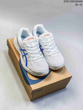 Pair of white and blue ASICS Gel-Contend 4 shoes displayed on a shoebox