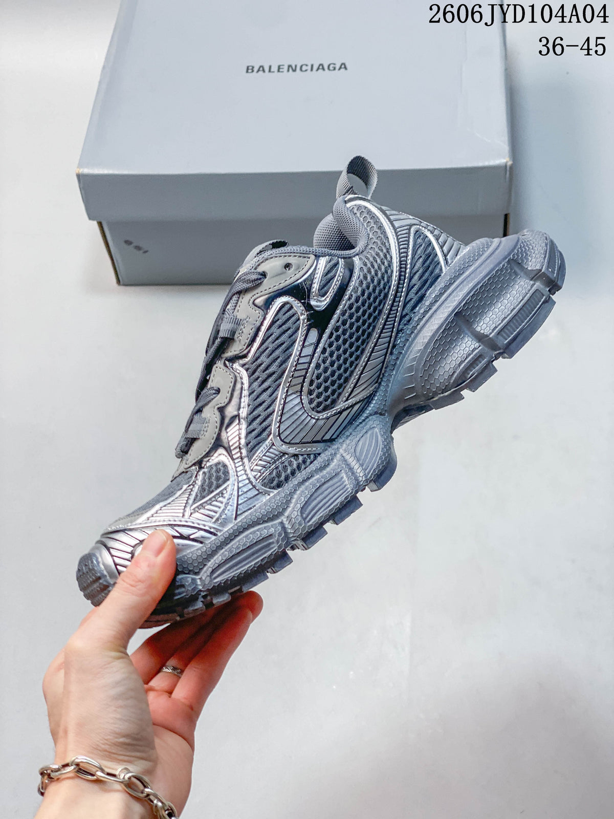 Side profile of a metallic gray Balenciaga 3XL sneaker with layered panels; image overlay states sizes 36–45.