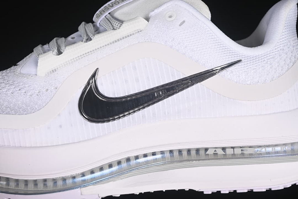 Close-up of the side Swoosh, mesh upper, and cushioning unit.