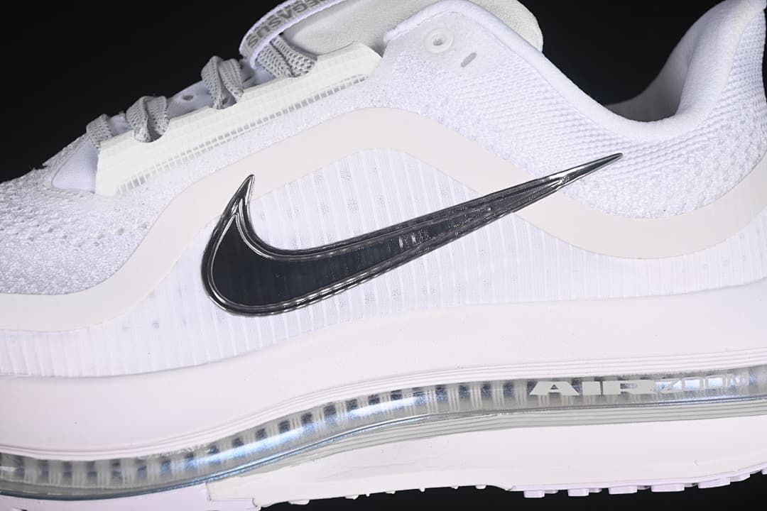 Close-up of the side Swoosh, mesh upper, and cushioning unit.