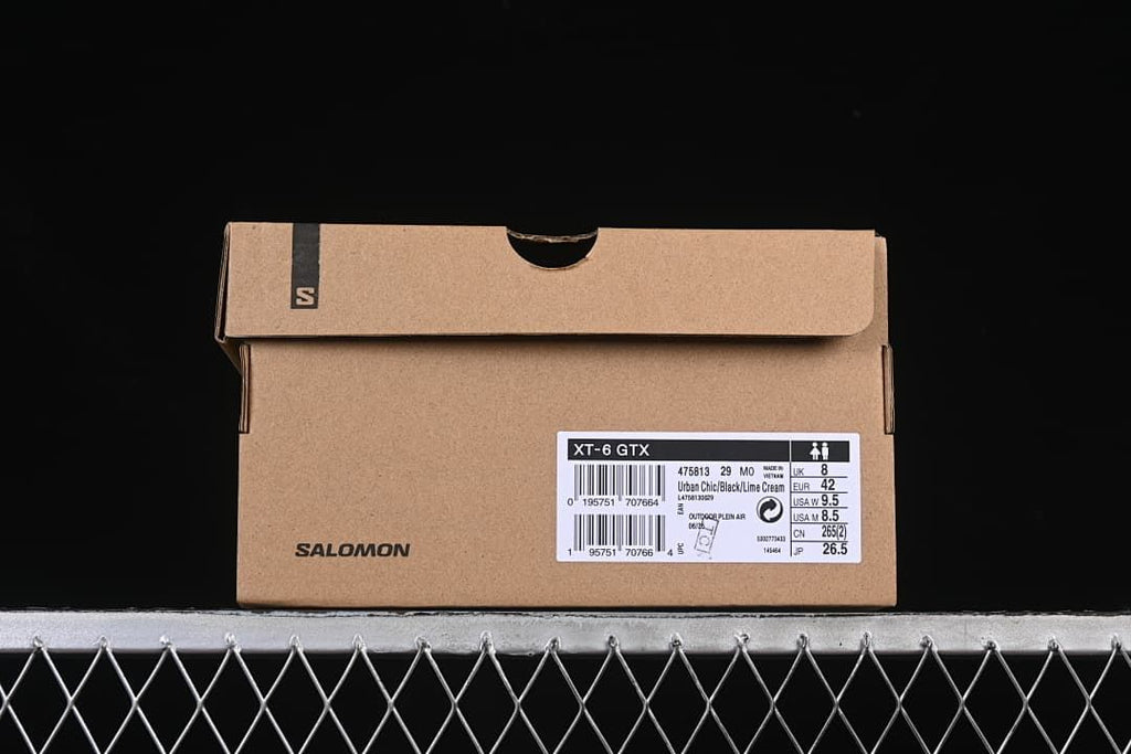 Shoebox label identifying the XT-6 GTX, color Urban Chic/Black/Lime Cream, style 475813, and photographed size EU 42.