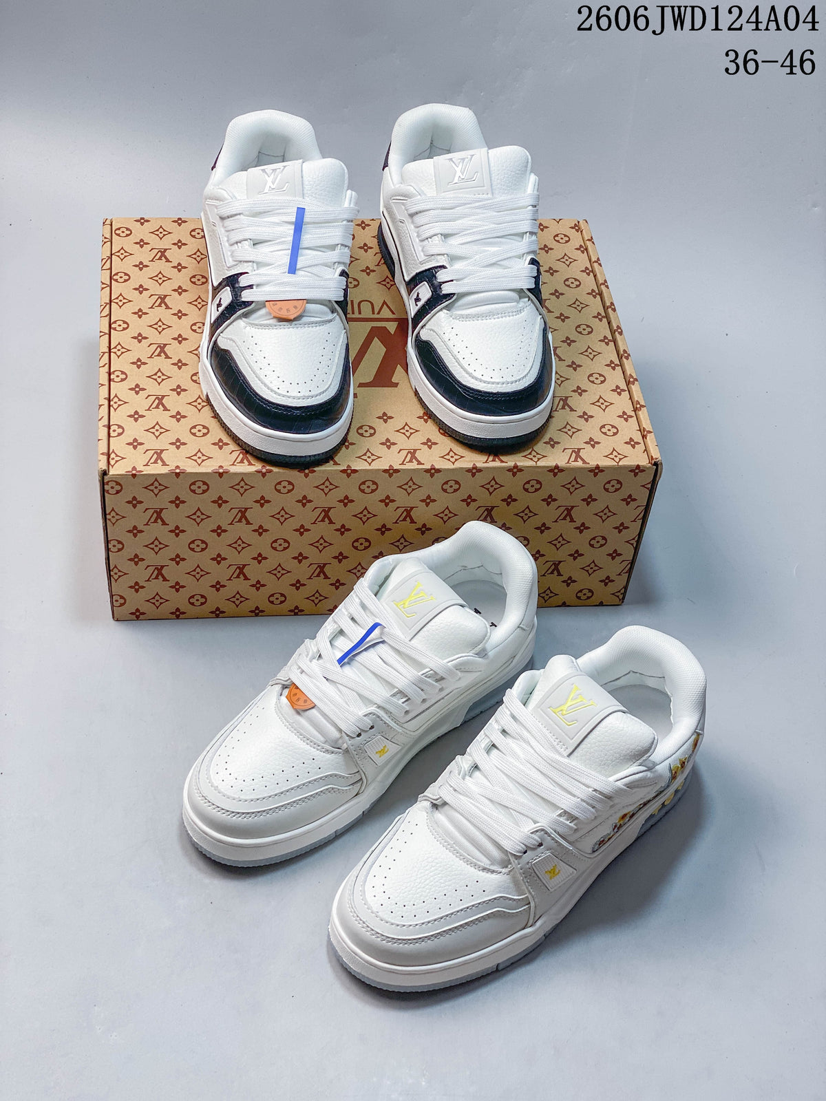 Two pictured white sneaker designs, including dark-trim and floral-detail versions.