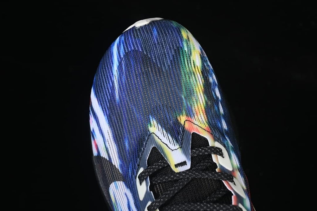 Top view of the multicolor printed toe and black laces