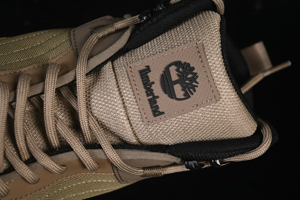 Close-up of the tongue logo patch, laces, and padded collar.